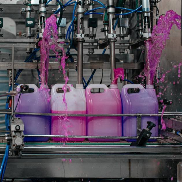 Automatic filling machine pours into plastic PET bottles at modern beverage plant